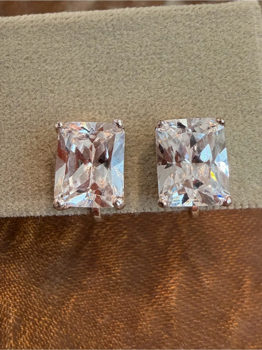 Vintage Clear Crystal Square Drop Clip On Earrings Silver Tone-1068